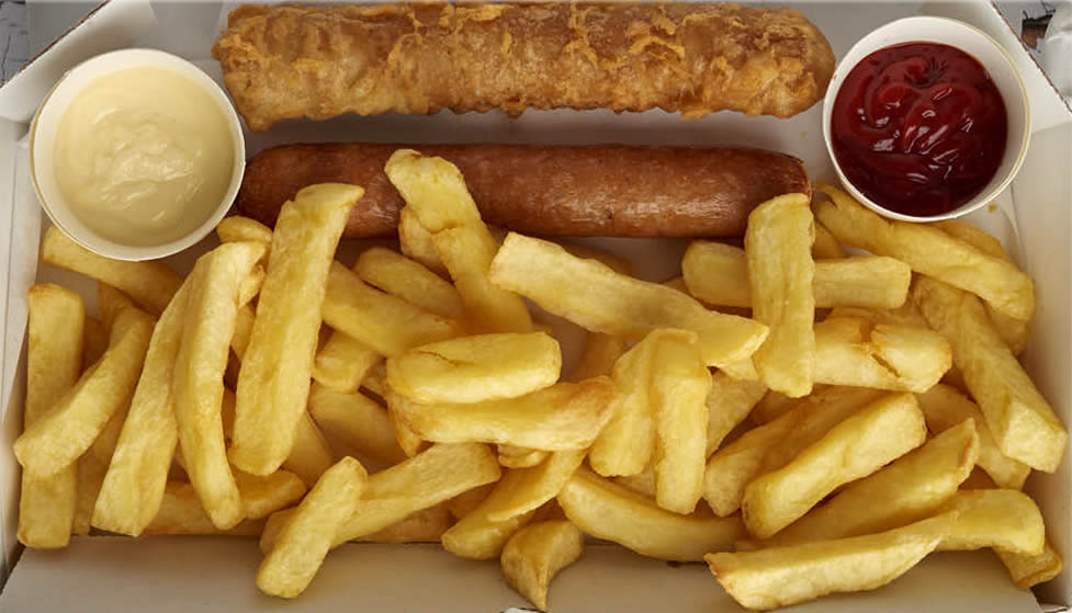 Sausage and chips 23 from Zoutorias Traditional Fish and Chip bar